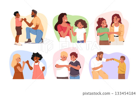 Children and parents performing pinky promise and fist bump body language gestures scenes set Children and parents performing pinky promise and fist bump body language gestures scenes set 133454184