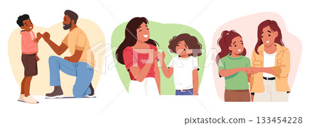 Parents and kids demonstrating pinky promise and fist bump gesture showing family bonding set 133454228