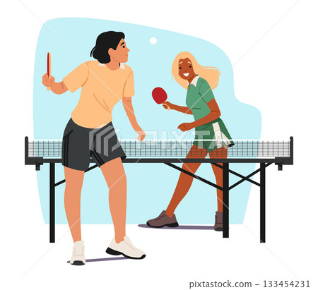 Two young girls best friends cartoon characters playing table tennis practicing together scene 133454231