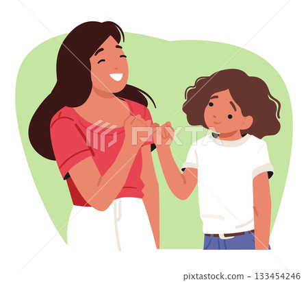 Mother and daughter characters gesturing pinky promise hand sign experiencing reconciliation 133454246