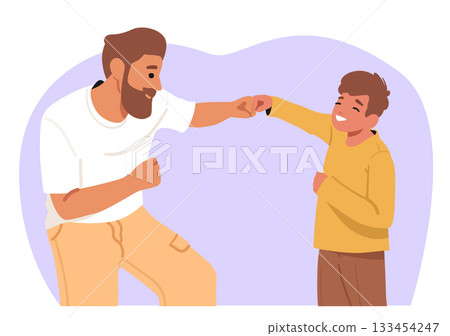 Happy father and son demonstrating fist bump gesture experiencing highly positive relationships 133454247