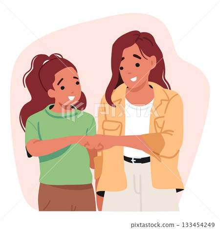 Mother and teenage daughter making fist bump gestures showcasing mutual respect cartoon scene Mother and teenage daughter making fist bump gestures showcasing mutual respect cartoon scene 133454249
