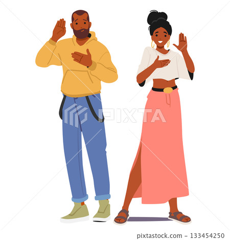 Young handsome man and trendy fashion woman cartoon characters promising with oath gesture 133454250