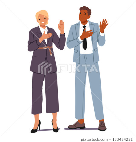 Businessman and businesswoman isolated cartoon characters giving promise with oath gesture 133454251