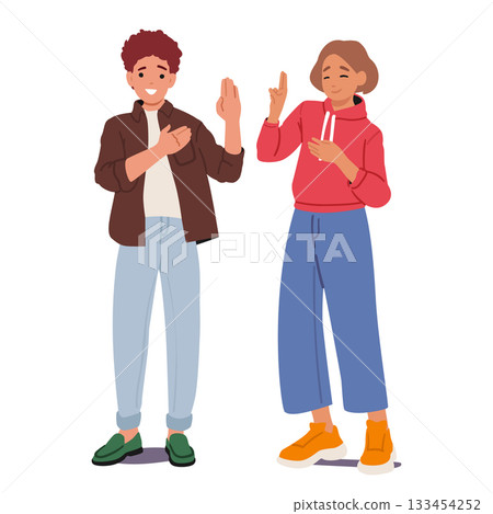 Happy teenagers cartoon boy and girl characters promising with oath gesturing one raised palm 133454252
