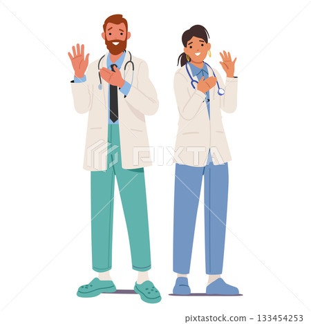 Man and woman doctors cartoon characters engaged in the formal act of promising the Hippocratic Oath Man and woman doctors cartoon characters engaged in the formal act of promising the Hippocratic Oath 133454253