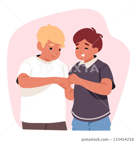Two schoolboys cartoon characters strengthening friendship with fist bump gesture cartoon scene Two schoolboys cartoon characters strengthening friendship with fist bump gesture cartoon scene 133454258