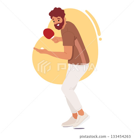 Happy guy cartoon character with racquet playing ping pong tennis cartoon scene bubble design 133454263