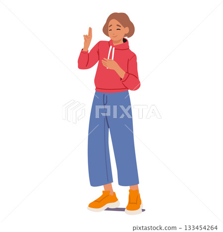 Cool teenage girl cartoon character promising with oath hand gesture isolated full-length portrait 133454264