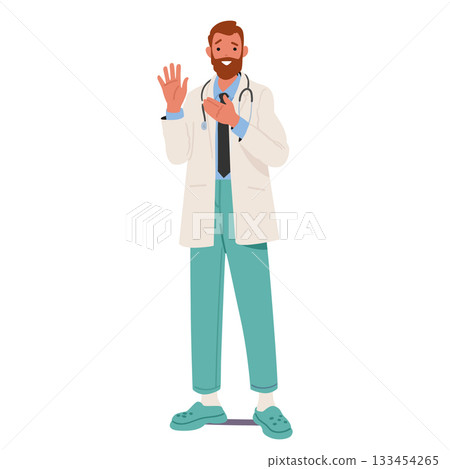 Male doctors cartoon character promising Hippocratic Oath confirming professional medical ethics 133454265