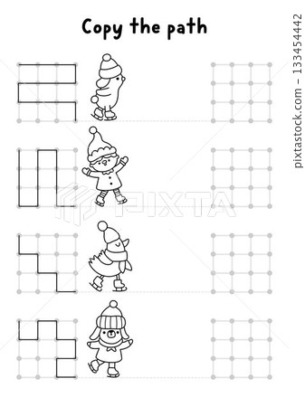 Christmas drawing, writing, tracing, space orientation activity for kids with skating animals. Draw the lines in square box according example. Winter holiday or New Year printable game, puzzle Christmas drawing, writing, tracing, space orientation activity for kids with skating animals. Draw the lines in square box according example. Winter holiday or New Year printable game, puzzle 133454442