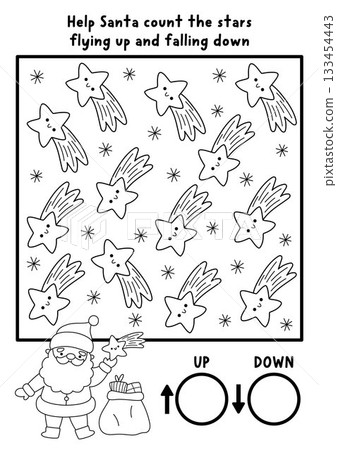 Christmas logic game with up and down concept for kids. I spy searching, counting activity with falling stars. New Year or winter holiday printable space orientation worksheet for children Christmas logic game with up and down concept for kids. I spy searching, counting activity with falling stars. New Year or winter holiday printable space orientation worksheet for children 133454443