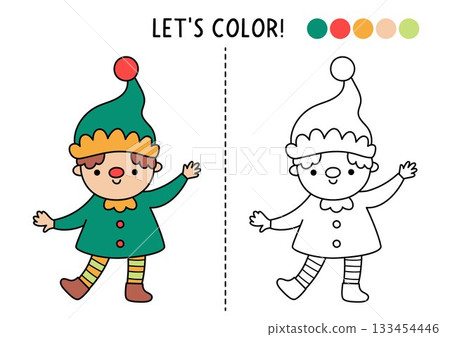 Christmas village coloring page for children with cute elf. Vector New Year outline illustration. Color book for kids with colored example. Winter holiday drawing skills printable worksheet Christmas village coloring page for children with cute elf. Vector New Year outline illustration. Color book for kids with colored example. Winter holiday drawing skills printable worksheet 133454446