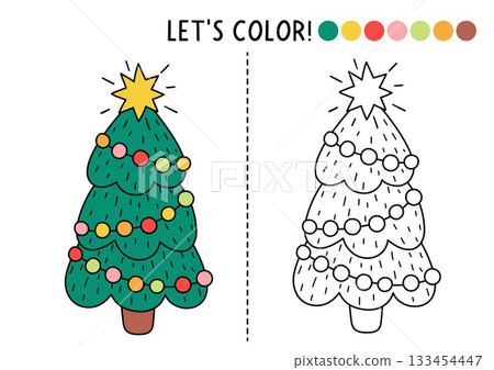 Christmas village coloring page for children with decorated fir tree. Vector New Year outline illustration. Color book for kids with colored example. Winter holiday drawing skills printable worksheet Christmas village coloring page for children with decorated fir tree. Vector New Year outline illustration. Color book for kids with colored example. Winter holiday drawing skills printable worksheet 133454447