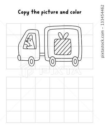 Copy the picture and color. Draw truck with presents. Vector black and white New Year, Christmas drawing, coloring practice worksheet with goose driver. Printable winter holiday activity 133454462