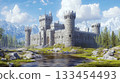 Stone castle stands by a serene river with snowy mountains in the background. Concept of medieval architecture and nature. For historical travel promotion. 133454493