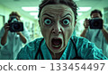 A person in medical attire with wide eyes and open mouth, in a hospital corridor with photographers in the background. Concept of shock and surprise. For emotion-focused content. 133454497