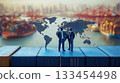Businessmen figurines stand on stacked cargo crates with a world map in the background. Concept of global trade and business. For business presentations 133454498
