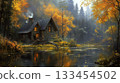 Stone cottage by an autumn forest stream with smoke rising from the chimney, surrounded by colorful trees. Concept of tranquility and nature escape. For home decor 133454502