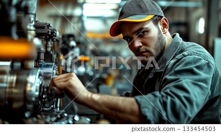 Worker wearing a cap operating machinery in a workshop, focused and attentive. Concept of industrial work, craftsmanship. For illustrating industrial work theme 133454503
