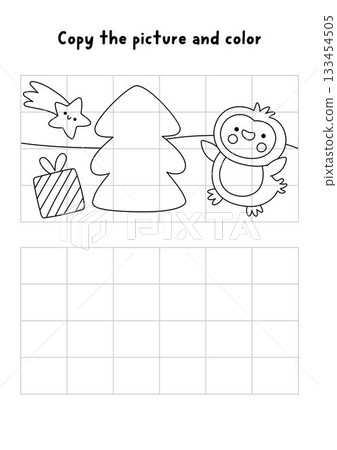 Copy the picture and color. Draw Christmas scene with penguin, tree, star, present. Vector black and white New Year drawing, coloring practice worksheet. Printable winter holiday activity for kids Copy the picture and color. Draw Christmas scene with penguin, tree, star, present. Vector black and white New Year drawing, coloring practice worksheet. Printable winter holiday activity for kids 133454505