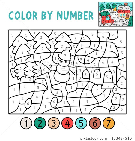 Vector Christmas color by number activity with car with tree, snowman, house, snowy scene. Winter black and white counting game. New Year coloring page for kids. Line printable worksheet Vector Christmas color by number activity with car with tree, snowman, house, snowy scene. Winter black and white counting game. New Year coloring page for kids. Line printable worksheet 133454519