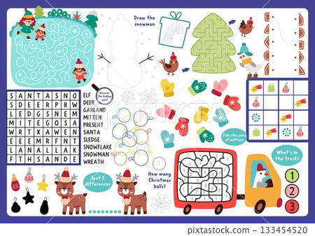 Vector fairyland placemat. Woodland fairy printable activity mat with maze, crossword puzzle, shadow match, find difference. Cute fairytale play mat, menu, kids magazine spreadsheet Vector fairyland placemat. Woodland fairy printable activity mat with maze, crossword puzzle, shadow match, find difference. Cute fairytale play mat, menu, kids magazine spreadsheet 133454520