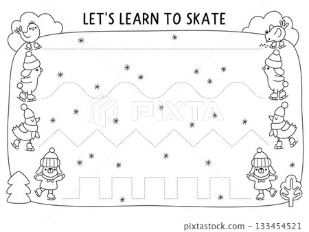 Vector Christmas black and white handwriting practice worksheet with skating animals, ice rink. New Year printable line activity, coloring page. Winter holiday tracing game for writing skills 133454521