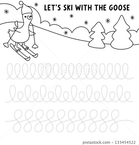 Vector Christmas black and white handwriting practice worksheet with skiing goose and snow slope. New Year printable line activity, coloring page. Winter holiday tracing game Vector Christmas black and white handwriting practice worksheet with skiing goose and snow slope. New Year printable line activity, coloring page. Winter holiday tracing game 133454522