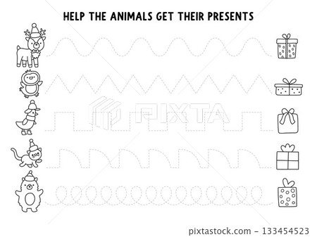 Vector Christmas black and white handwriting practice worksheet with animals, birds and presents. New Year printable line activity, coloring page for preschool children. Winter holiday tracing game Vector Christmas black and white handwriting practice worksheet with animals, birds and presents. New Year printable line activity, coloring page for preschool children. Winter holiday tracing game 133454523