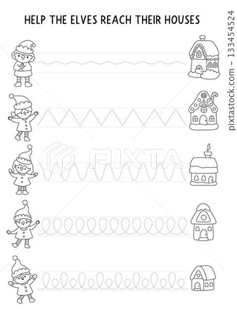 Vector Christmas black and white handwriting practice worksheet with elves and houses. New Year preschool printable line activity, coloring page. Winter holiday tracing game Vector Christmas black and white handwriting practice worksheet with elves and houses. New Year preschool printable line activity, coloring page. Winter holiday tracing game 133454524