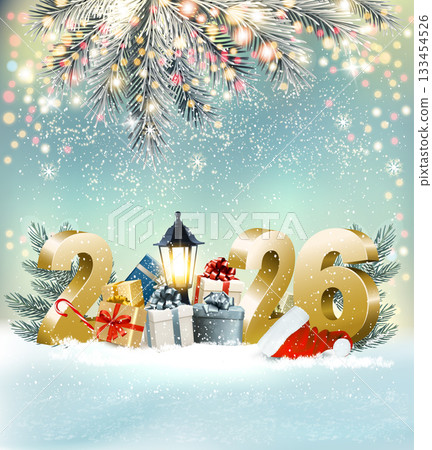 Merry Christmas and Happy New Year Background with 2026 and colorful gift boxes and branches of christmas tree. Vector 133454526