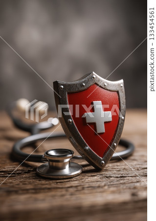 Medical Protection Shield and Stethoscope Symbolizing Safety and Trust 133454561