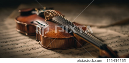 Macro Photo of Violin on Sheet Music in Warm Natural Lighting 133454565