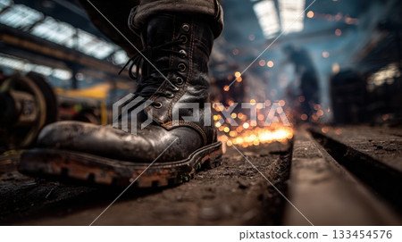 Leather Boots Walking in Railway Workshop with Sparks and Tracks 133454576