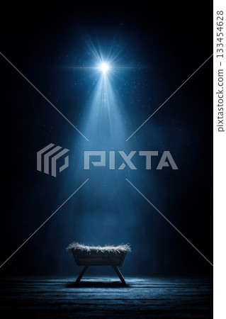 Nativity-Themed Empty Cradle Under Radiant Star of Bethlehem at Night 133454628