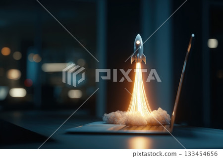 Futuristic Office Scene with Rocket Launching from Laptop Futuristic Office Scene with Rocket Launching from Laptop 133454656