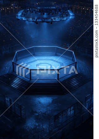 Futuristic UFC-Style Octagon with Blue Lighting in Modern Stadium 133454688