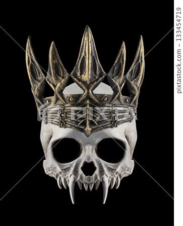 Vampire skull with long sharp fangs and ancient golden crown on black background 133454719