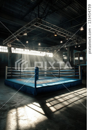 Modern Boxing Ring with Bright Lighting and Dramatic Shadows Modern Boxing Ring with Bright Lighting and Dramatic Shadows 133454739