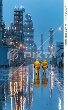 Industrial Refinery Scene with Workers in Rain and Moody Lighting Industrial Refinery Scene with Workers in Rain and Moody Lighting 133454740