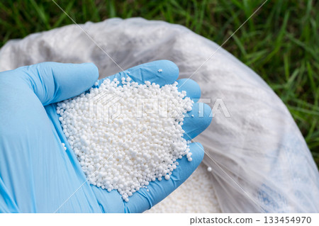 Farmer`s hand in blue glove holds white fertilizer for plants. Big bag with chemical NPK fertilizer for plants 133454970