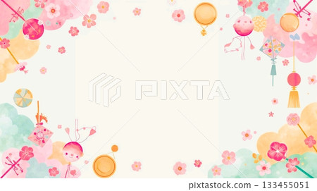 柔和的水彩新年相框,飾以玩具和淡雅的植物。 柔和的水彩新年相框,飾以玩具和淡雅的植物。 133455051