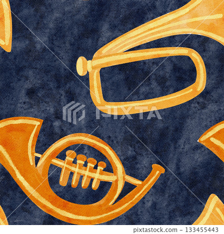 Brass horns in warm golden tones. Watercolor seamless pattern. Hand-painted musical design on blue, perfect for festive wrapping paper, Christmas crafts, textiles, invitations, and creative projects Brass horns in warm golden tones. Watercolor seamless pattern. Hand-painted musical design on blue, perfect for festive wrapping paper, Christmas crafts, textiles, invitations, and creative projects 133455443