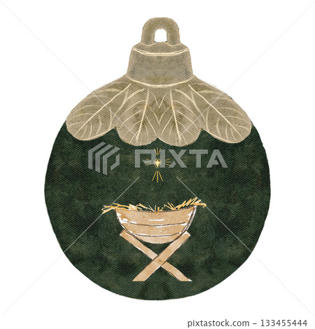 Manger and glowing star inside dark green Christmas ornament. A hand-painted watercolor illustration isolated on white, ideal for Christmas, nativity scenes, books, crafts, seasonal decor projects 133455444