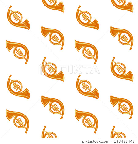 Brass horns in warm golden tones. Watercolor seamless pattern. Hand-painted musical design on white, perfect for festive wrapping paper, Christmas crafts, textiles, invitations, and creative projects 133455445