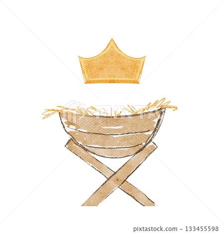 Manger with warm brown wood, golden straw and a crown. A hand-painted watercolor illustration isolated on white, ideal for Christmas, nativity scenes, children books, crafts, seasonal decor projects 133455598