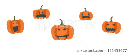 Cute orange crayon pencils drawing Halloween Party spooky pumpkins set. Watercolor hand drawn autumn holiday scary jack o lantern symbol for greeting cards design, sticker, background, print Cute orange crayon pencils drawing Halloween Party spooky pumpkins set. Watercolor hand drawn autumn holiday scary jack o lantern symbol for greeting cards design, sticker, background, print 133455677