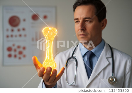 AI generated doctor holding a glowing bone marrow hologram with hematology charts in the background. This futuristic scene highlights medical technology, healthcare, and advanced scientific research. 133455800