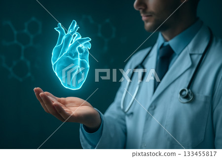 AI generated doctor holding a glowing holographic heart in a dark clinical environment. Floating molecular structures enhance the futuristic feel while the blue lighting creates a calm AI generated doctor holding a glowing holographic heart in a dark clinical environment. Floating molecular structures enhance the futuristic feel while the blue lighting creates a calm 133455817